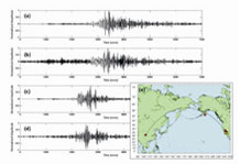 Comparison of real (a/c) and virtual (b/d) recordings of the Sichuan earthquake, China, recorded at stations in California and Alaska and synthesised using earthquakes adjacent to the stations. CLICK TO ENLARGE