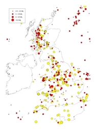 Instrumental (red) and historical (yellow) earthquakes in the British Isles from the BGS earthquake catalogue (Musson, 1996). Earthquake symbols are scaled by magnitude. CLICK FOR A LARGER VERSION