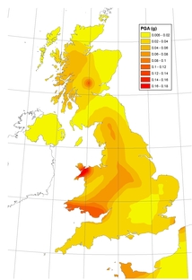 PGA hazard map of the UK for a 2,500 year return period.